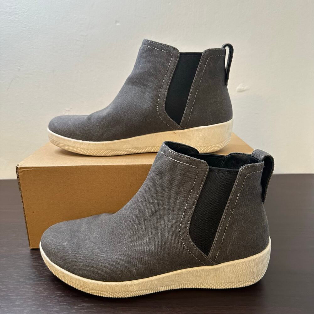 FitFlop Super Chelsea Gray Canvas Round Toe Slip-on Sneaker Booties Sz 7 Casual